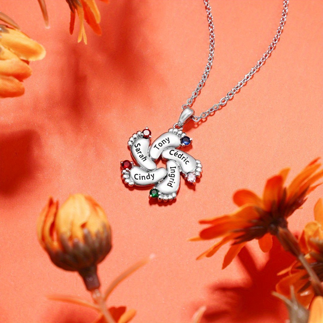 Personalized Silvery Footprint Necklace with Birthstones